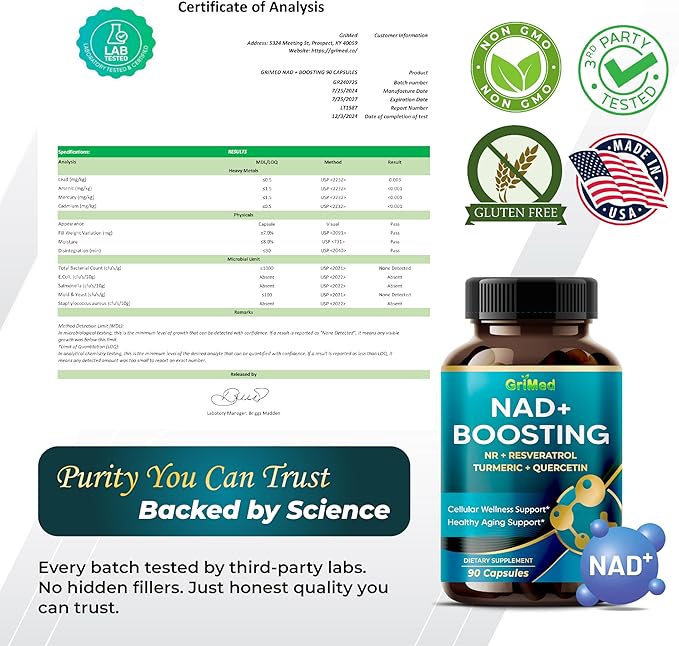 GriMed NAD + Boosting 16,550mg- x12 Power with NR + Resveratrol Turmeric + Quercetin - Cellular Energy, Cellular Repair, Healthy Aging - USA Made & Tested (90 Count (Pack of 1))