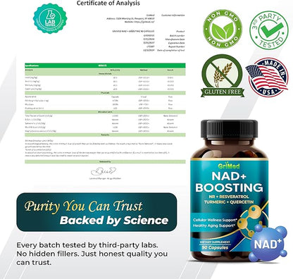 GriMed NAD + Boosting 16,550mg- x12 Power with NR + Resveratrol Turmeric + Quercetin - Cellular Energy, Cellular Repair, Healthy Aging - USA Made & Tested (90 Count (Pack of 1))