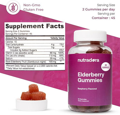 Elderberry Gummies for Adults – Organic Elderberry Gummies with Zinc and Vitamin C for Immune Support, Lessen Stress, & Protect Heart, Raspberry Flavor Formulated in USA, 90 Gummies