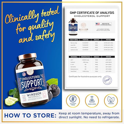 WINDSOR BOTANICALS Cholesterol Supplements - Citrus Bergamot, Niacin, Red Yeast Rice, Berberine, Aronia Berry Extract to Support Normal HDL and LDL Cholesterol Levels - 90 Vegan, Non-GMO Capsules