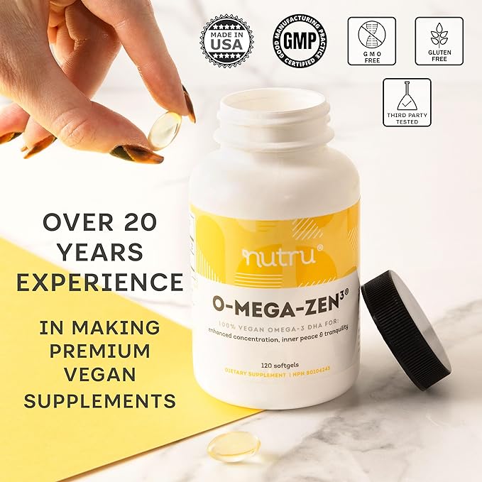 O-Mega-Zen3 Vegan Omega 3 DHA Supplement - 400 mg DHA Essential Fatty Acids - Carrageenan Free - Premium Algal Based Fish Oil Alternative Supplement - 120 Softgels