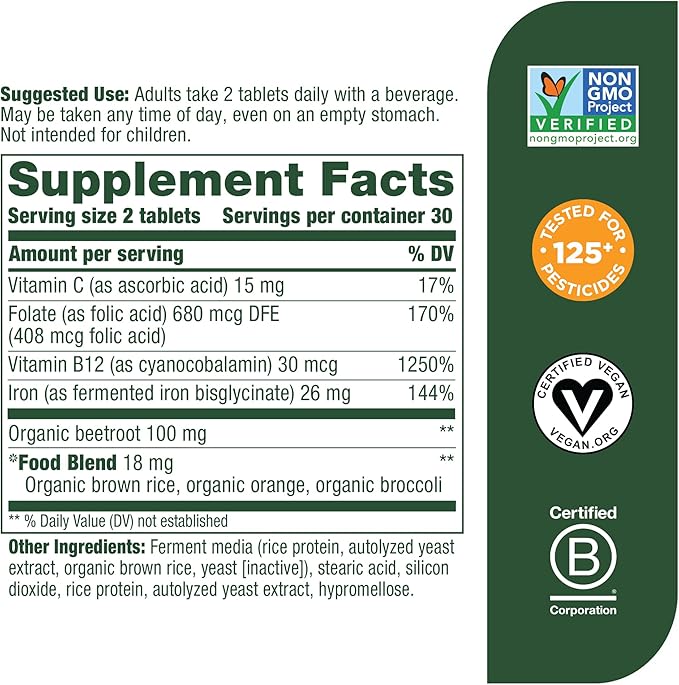 MegaFood Blood Builder Minis, Iron Supplement Clinically Shown to Increase Iron Levels Without Side Effects - Vegan Supplement with Vitamin C, Vitamin B12 & Folic Acid, 60 Tablets (30 Servings)