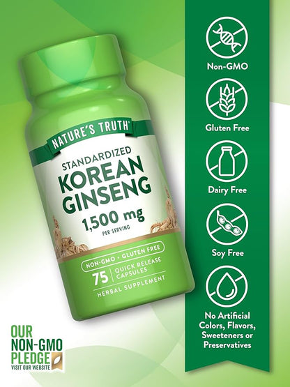 Nature's Truth Korean Ginseng Capsules | 75 Count | Standardized Extract | Non-GMO & Gluten Free Supplement