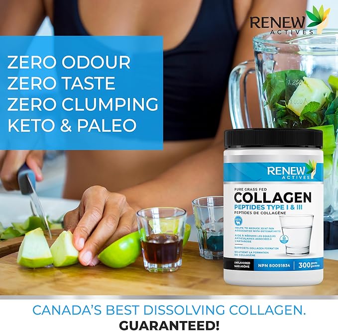 Renew Actives Hydrolyzed Collagen Peptides Powder 10G per Serving – Premium Grass-Fed Collagen for Skin, Joints & Hair – 9.4g Protein – Supports Collagen Formation & Muscle Recovery – Made in Canada