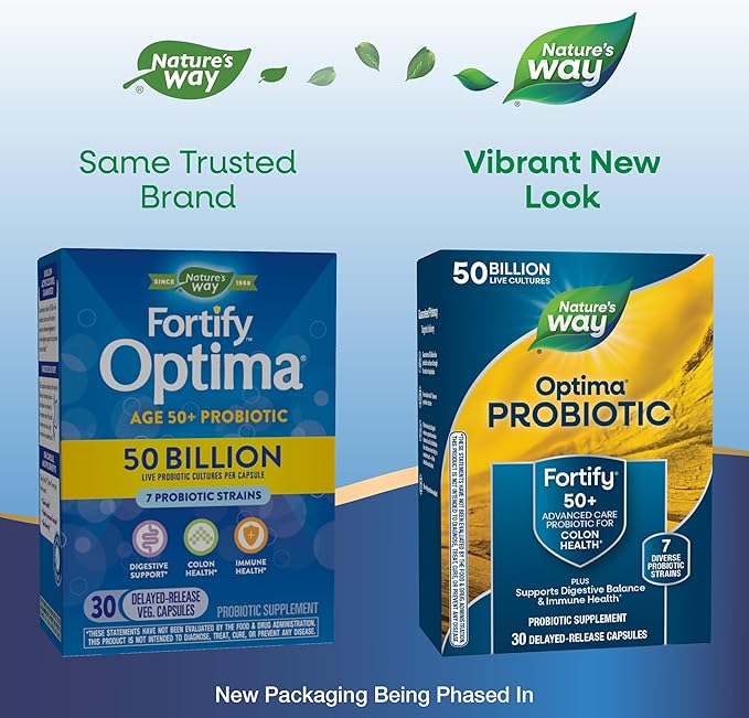 Nature's Way Fortify Optima Probiotic for Adults 50+, 50 Billion Live Cultures, Supports Digestive Balance, Colon & Immune Health*, No Refrigeration Needed, 30 Capsules (Packaging May Vary)