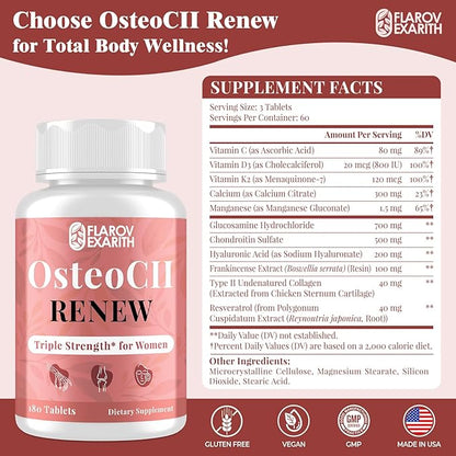 Joint Supplements for Women OsteoCII Renew Triple Strength – Advanced Joint, Bone & Skin Formula – Collagen, Glucosamine, Chondroitin, Calcium, MK-7, Vitamin D3, Hyaluronic Acid, 180 Tablets
