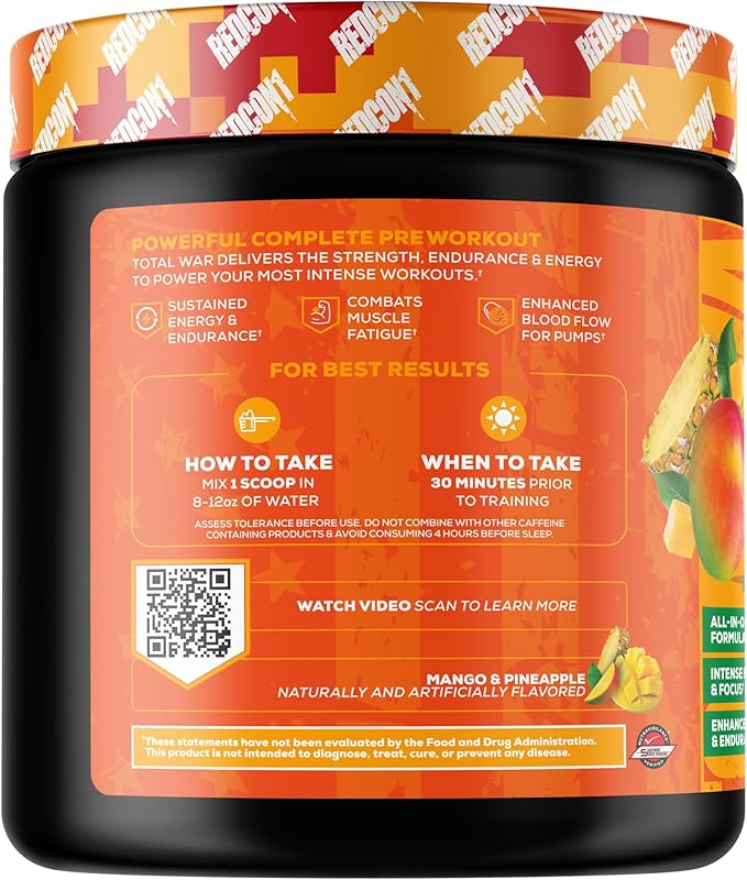 REDCON1 Total War Pre Workout Powder, Mango Madness - Fast Acting Caffeinated Preworkout for Men + Women with Beta Alanine - Contains Citrulline Malate for Increased Pump, Blood Flow (30 Servings)