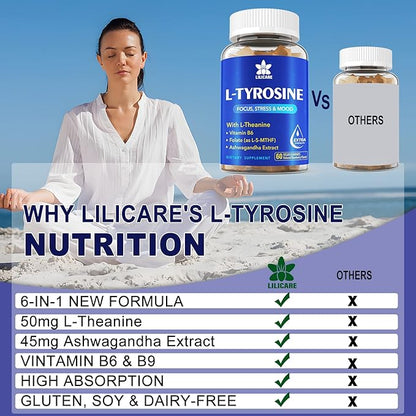 L Tyrosine Gummies 1100mg Mood Support Blend, with Ashwagandha, L-Theanine, Vitamin B Complex B6, Folate(Vitamin B9), Focus & Memory, Cognition & Brain Function, Energy Boost,Stress Support, 2Pc/120ct