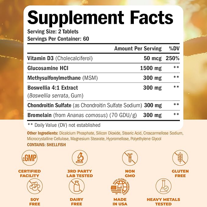Glucosamine Chondroitin MSM with Vitamin D3, Boswellia, & Bromelain - Bone and Joint Support Supplement for Active Women & Men to Support Hair, Skin, Nails, Strong Bones, & Immune Health. 120 Tablets