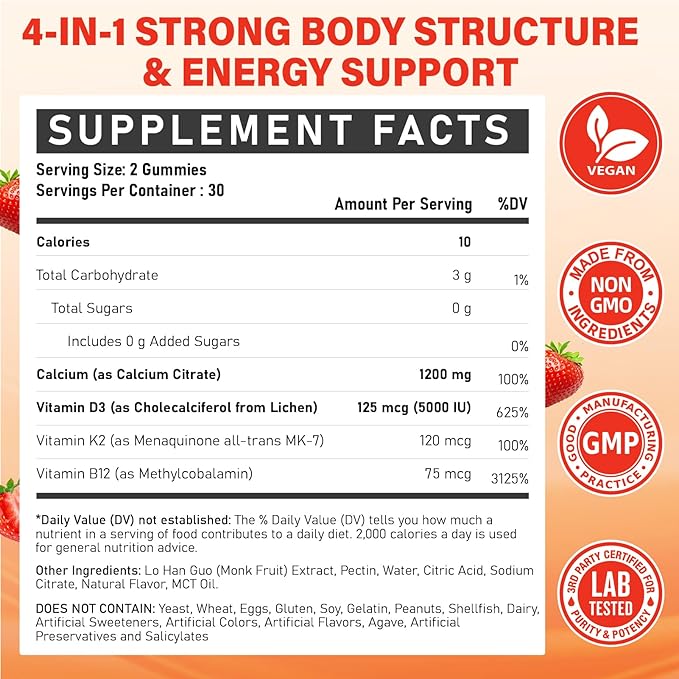 Calcium 1200 mg with Vitamin D3 Supplement for Adults - Calcium Gummies with Vitamin D3 5000IU, K2, B12 for Women Men - Extra Absorption Calcium Citrate - Natural Strawberry Flavor, 120 Gummies