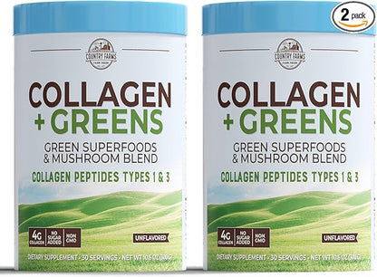COUNTRY FARMS Collagen Peptides Powder with Greens Dietary Powder Supplement (Type I, III) for Skin Hair Nail and Joints, Dairy/Gluten/Sugar Free, Energizing Superfoods, 21.2 Oz, 60 Servings