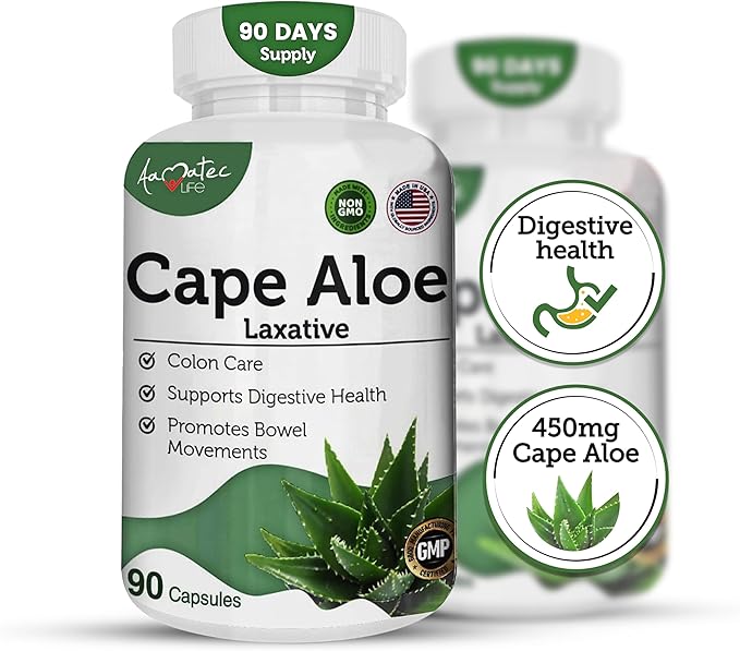 Cape Aloe Natural Laxative Supplement- Constipation Relief- Regulate Bowel - All-Natural Herbal Detox- Weight Management Supplement- Digestion Help Dietary Supplement- 90 Caps- Non-GMO
