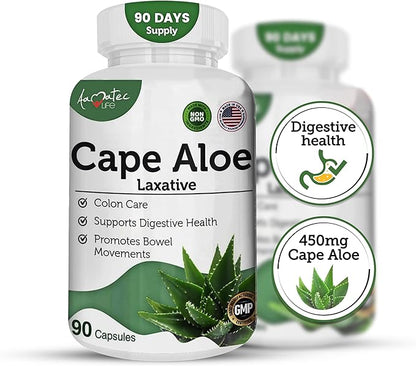 Cape Aloe Natural Laxative Supplement- Constipation Relief- Regulate Bowel - All-Natural Herbal Detox- Weight Management Supplement- Digestion Help Dietary Supplement- 90 Caps- Non-GMO