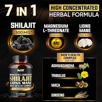210 Capsules - Magnesium with Lions Mane, Shilajit Capsules, and Male's Health Complex as Ashwagandha, Maca Root & More - Support Immune, Brain Health, and Energy Production