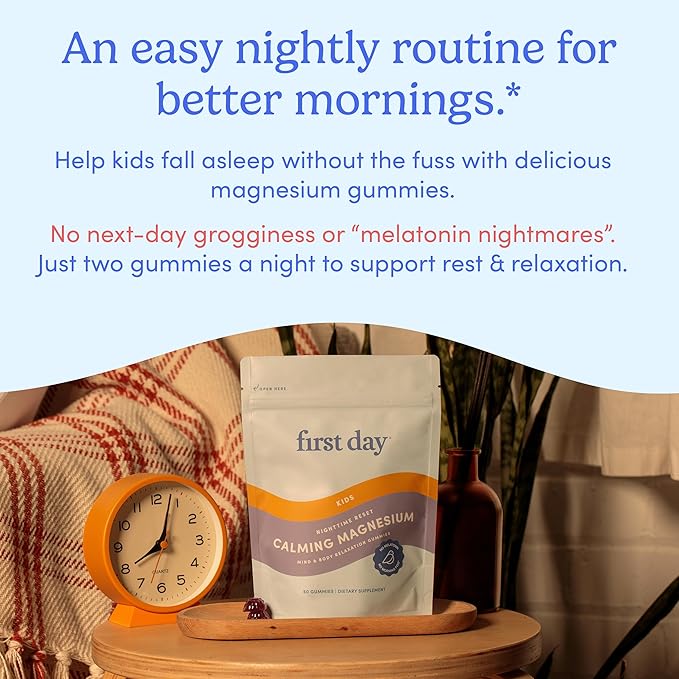 FIRST DAY Magnesium for Kids Gummies – Calm Kids Magnesium Citrate Gummies to Support Sleep & Relaxation – Bedtime Supplement with Suntheanine® L-Theanine, NO Melatonin - Strawberry - 30-Day Supply