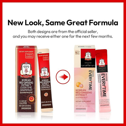 Everytime Korean Red Ginseng Extract 1,000mg & Grapefruit - Vegan Ginseng Root Energy Drink Liquid Stick Supplements - Builds Stamina & Immunity, No Caffeine (10 Sticks, 0.34 fl oz)