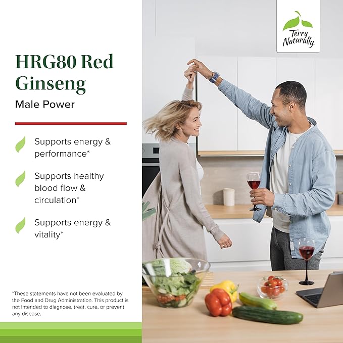Terry Naturally HRG80 Red Ginseng Male Power - Blood Circulation & Endurance Support Supplement - Dietary Supplement with Ginseng & Zinc - Herbal Supplement for Energy Support - 48 Capsules