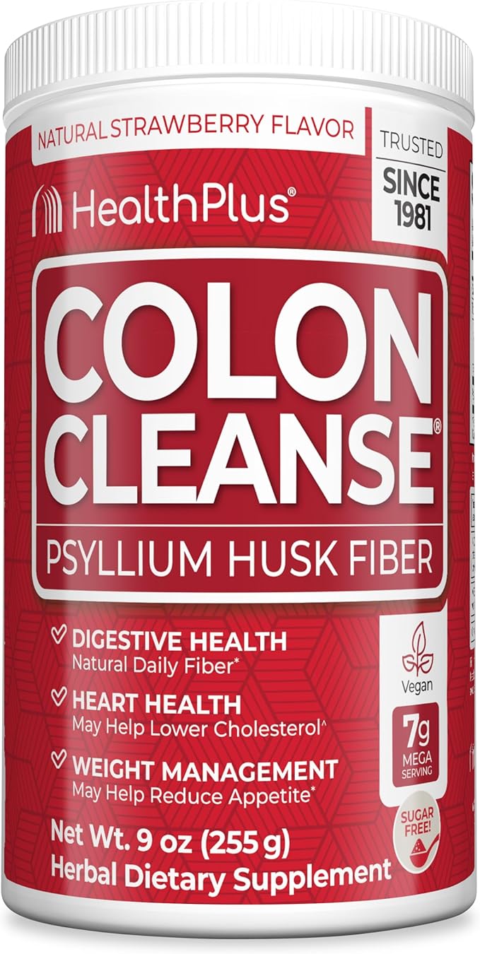 Health Plus Colon Cleanse Digestive Support | No Artificial Flavors | Daily Fiber for Toxin Elimination To Reduce Bloating | Psyllium Husk | Strawberry Flavor | 9 Ounces, 36 Servings