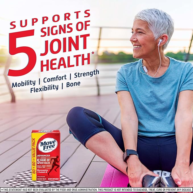 Move Free Advanced Glucosamine Chondroitin + Calcium Fructoborate Joint Support Supplement, Supports Mobility Comfort Strength Flexibility & Bone - 160 Tablets (80 servings)*