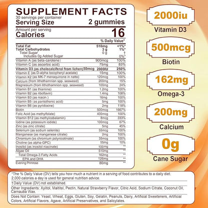 Womens Multivitamin Gummy with Omega 3（DHA/EPA), Vitamin D3 K2, Calcium, Inositol, Daily Womens Vitamin A C E B Complex, L-MethylFolate, Methyl B12,Sugar Free Methylated Multivitamins Minerals, 120Cts
