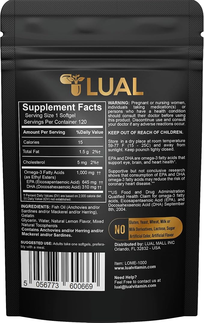 LUAL Omega-3 Fish Oil Softgels – 1000mg with EPA and DHA, Lemon Flavor, Burpless, Non-GMO Formula for Heart, Brain, and Overall Wellness – 120 Count
