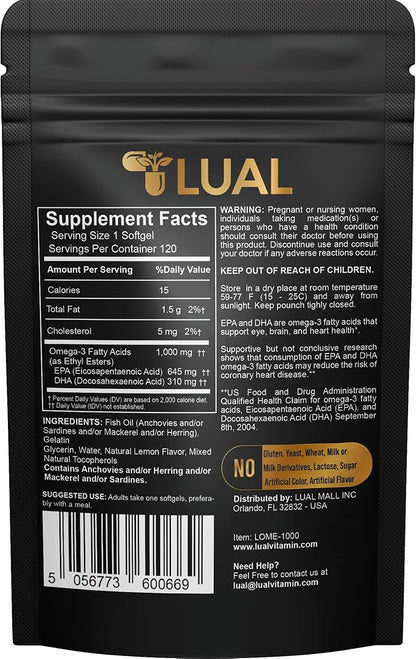 LUAL Omega-3 Fish Oil Softgels – 1000mg with EPA and DHA, Lemon Flavor, Burpless, Non-GMO Formula for Heart, Brain, and Overall Wellness – 120 Count