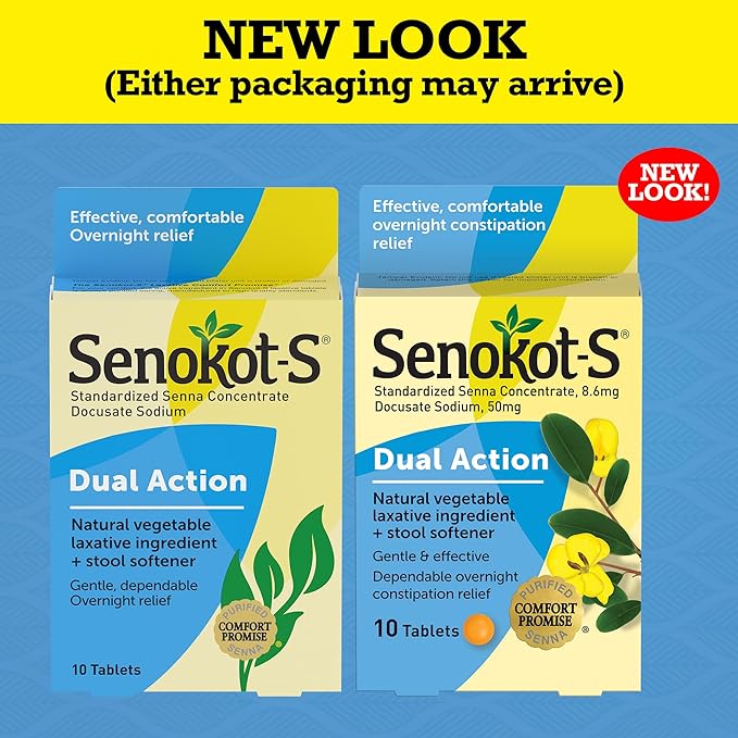 Senokot-S Dual Action Natural Vegetable Laxative Ingredient Plus Stool Softener Tablets, Docusate Sodium, Senna Concentrate, Gentle, Overnight Relief From Occasional Constipation, 10 ct