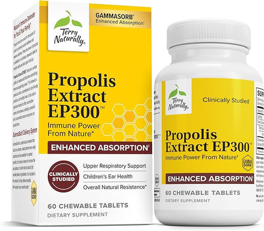 Terry Naturally Propolis Extract EP300 - Upper Respiratory & Immune System Support Supplement - Non-GMO Supplement with Bee Propolis Extract - Child & Adult Supplement - 60 Chewable Tablets