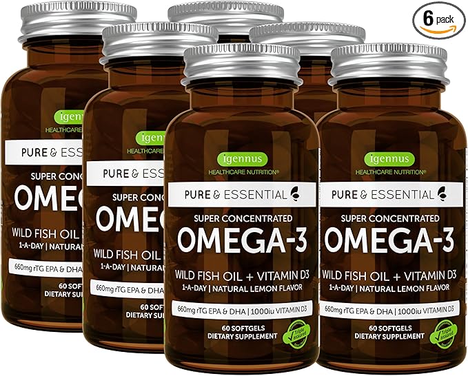 Igennus Advanced Omega-3 Wild Fish Oil & Vitamin D3, 1-a-Day, EPA & DHA Fatty Acids, rTG Fast-Acting Triglyceride Form, Ultra Pure & Non-GMO, 360 Softgels