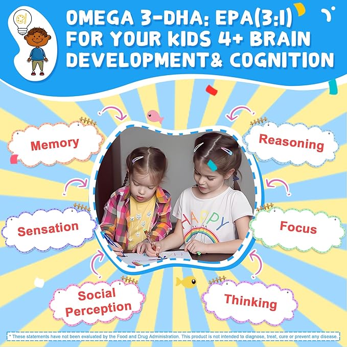 Omega 3 Gummies (EPA/DHA) for Kids 4+, Kids Multivitamin A B1 B2 B12 C D3 K2, Calcium, Iron, Zinc, Selenium, lodine for Brain Cognition, Eye, Bone, Energy, Immune, No Fish Taste, Sugar Free