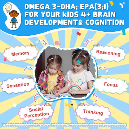 Omega 3 Gummies (EPA/DHA) for Kids 4+, Kids Multivitamin A B1 B2 B12 C D3 K2, Calcium, Iron, Zinc, Selenium, lodine for Brain Cognition, Eye, Bone, Energy, Immune, No Fish Taste, Sugar Free