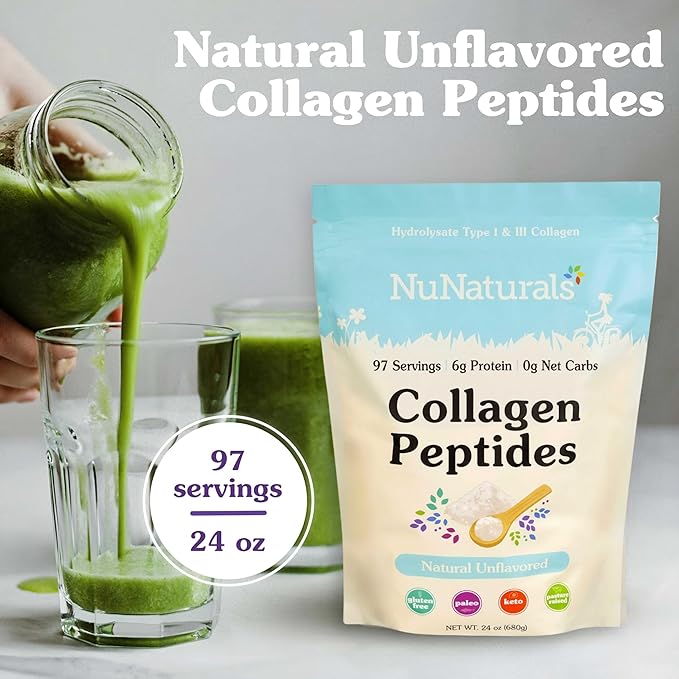 NuNaturals Collagen Peptides Powder (Type I, III), for Skin, Hair, Nail, and Joint Health, 24oz