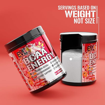EVL BCAAs Amino Acids Powder - BCAA Energy Pre Workout Powder for Muscle Recovery Lean Growth and Endurance - Rehydrating Post Workout Recovery Drink with Natural Caffeine - Fruit Punch