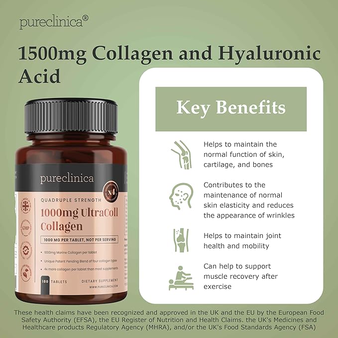 pureclinica 1500mg UltraColl Collagen (1200mg) and Hyaluronic Acid (300mg) x 180 Tablets - 6 Months Supply