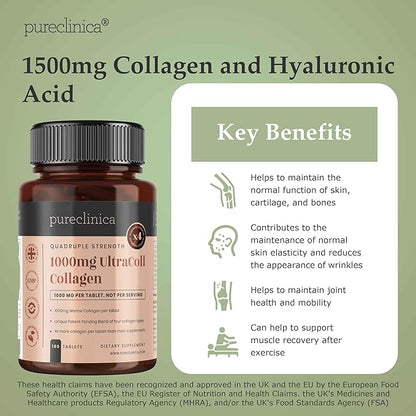 pureclinica 1500mg UltraColl Collagen (1200mg) and Hyaluronic Acid (300mg) x 180 Tablets - 6 Months Supply
