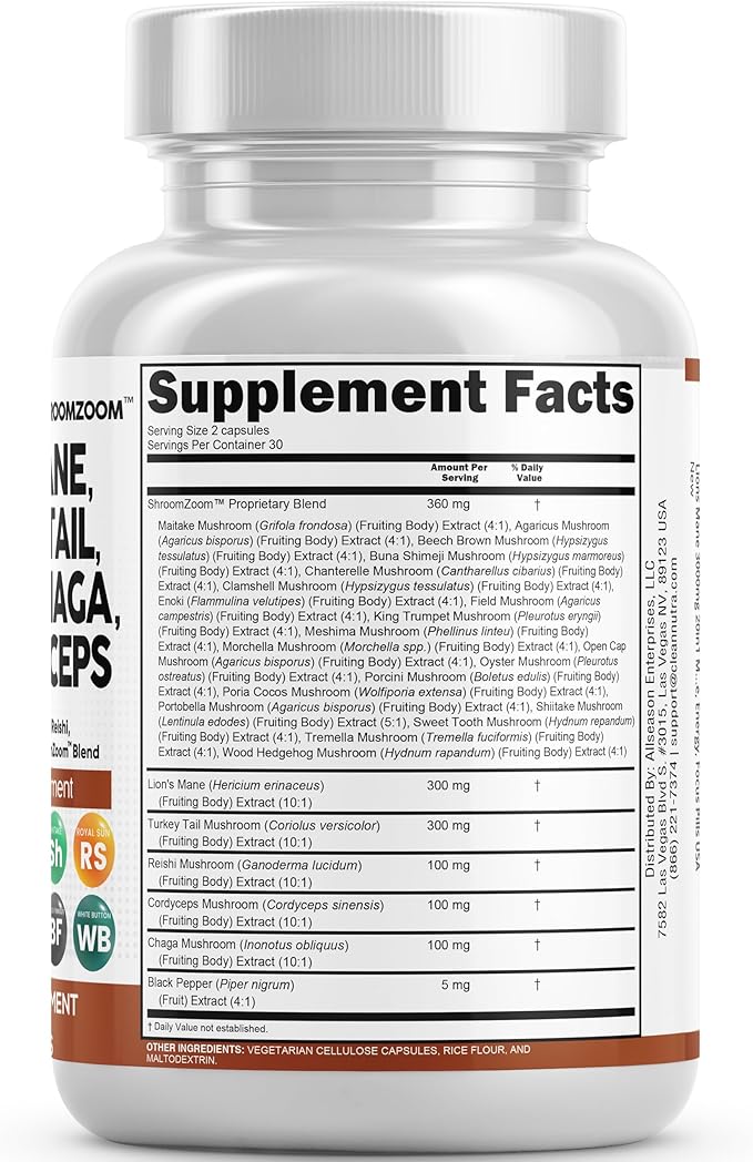 Clean Nutraceuticals Lions Mane 20in1 Mushroom Supplement with Turkey Tail Reishi Cordyceps Chaga Maitake Meshima Poria Cocos Shiitake Oyster Porcini Enoki - 2Pack