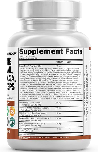 Clean Nutraceuticals Lions Mane 20in1 Mushroom Supplement with Turkey Tail Reishi Cordyceps Chaga Maitake Meshima Poria Cocos Shiitake Oyster Porcini Enoki - 2Pack