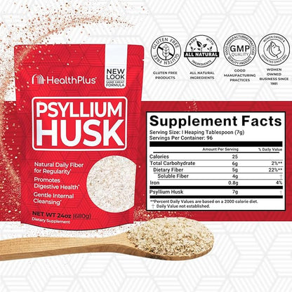 Health Plus, Psyllium Husk, 24 oz, 96 Servings - Natural Detox, Daily Dietary Fiber Supplement, Constipation Relief, Gentle Gut Cleanse, Keto Baking