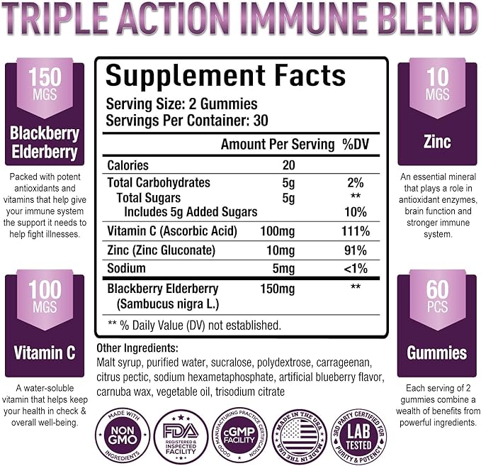 Purely Optimal Elderberry Gummies - Immune Support Supplement with Vitamin C & Zinc, Organic Black Elderberry Extract, Vegan, Non-GMO, Gluten-Free, 60 Count
