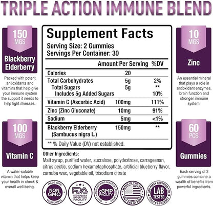 Purely Optimal Elderberry Gummies - Immune Support Supplement with Vitamin C & Zinc, Organic Black Elderberry Extract, Vegan, Non-GMO, Gluten-Free, 60 Count