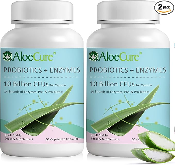 AloeCure Probiotics with 10 Billion CFU for Women's Health + Enzymes, Prebiotics, & Aloe Vera for Full Spectrum Support to Maximize Absorption & Gut Support for Men and Women, 30ct x 2 btls