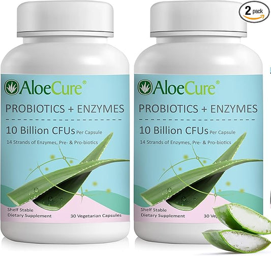 AloeCure Probiotics with 10 Billion CFU for Women's Health + Enzymes, Prebiotics, & Aloe Vera for Full Spectrum Support to Maximize Absorption & Gut Support for Men and Women, 30ct x 2 btls