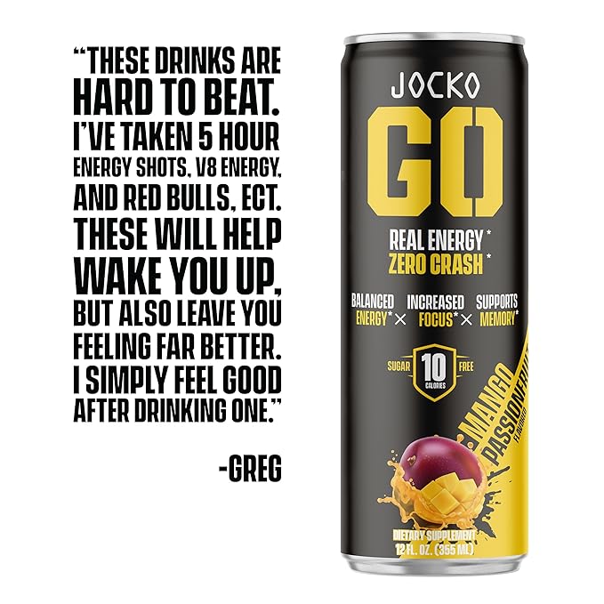 Jocko GO Energy Drink - KETO, Vitamin B12, Vitamin B6, Electrolytes, L Theanine, Magnesium- Energy Boost, Sugar Free Nootropic Monk Fruit Blend - 12 Pack (Mango Passionfruit)