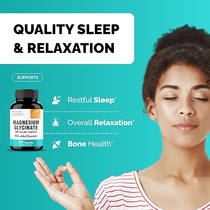 Sandhu's Magnesium Glycinate 400mg Capsules with Quercetin | Quality Sleep, Relaxation, Muscle, Bone Health & Immune Support | 120 Count (Pack of 2) | Easy to Swallow | for Women and Men
