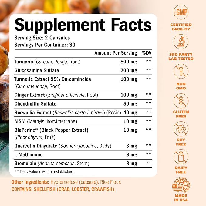 Turmeric Supplement with Glucosamine Chondroitin. Joint Supplements for Women & Men with Ginger, Boswellia, MSM & Tumeric Curcumin with Black Pepper (Bioperine). Aids Immune & Joint Support. 60 Caps