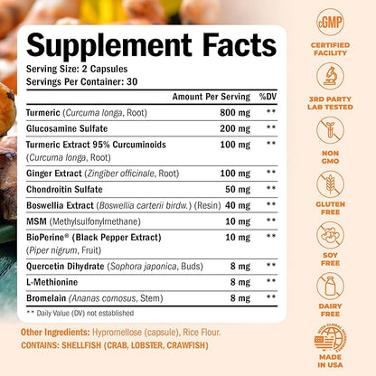 Turmeric Supplement with Glucosamine Chondroitin. Joint Supplements for Women & Men with Ginger, Boswellia, MSM & Tumeric Curcumin with Black Pepper (Bioperine). Aids Immune & Joint Support. 60 Caps