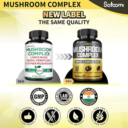 Satoomi 10in1 Mushroom Complex Supplements Capsules - 4 Month Supply - Blends with Lions Mane, Cordyceps, Reishi, Chaga, Maitake, Shitake & Others - 2 Packs 60 Capsules