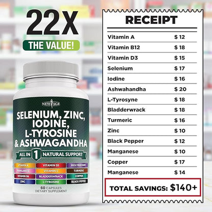 Selenium, Zinc, Iodine, L Tyrosine, Ashwagandha - Thyroid Support Supplement for Women and Men with Bladderwrack, Turmeric, Silica Kelp, Schisandra - 60 Count