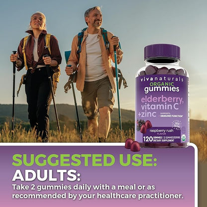Viva Naturals Organic Sambucus Elderberry Gummies for Adults (120 Count) - 3in1 Black Elderberry Vitamin C and Zinc Immune Support Gummies, Chewable Elderberry Supplements, Zinc Immunity Gummies