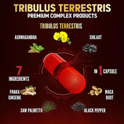 Tribulus Terrestris Capsules with Ashwagndha, Panax Ginseng, Saw Palmetto, Maca, Shilajit - 90 Capsules - 3 Months Supply